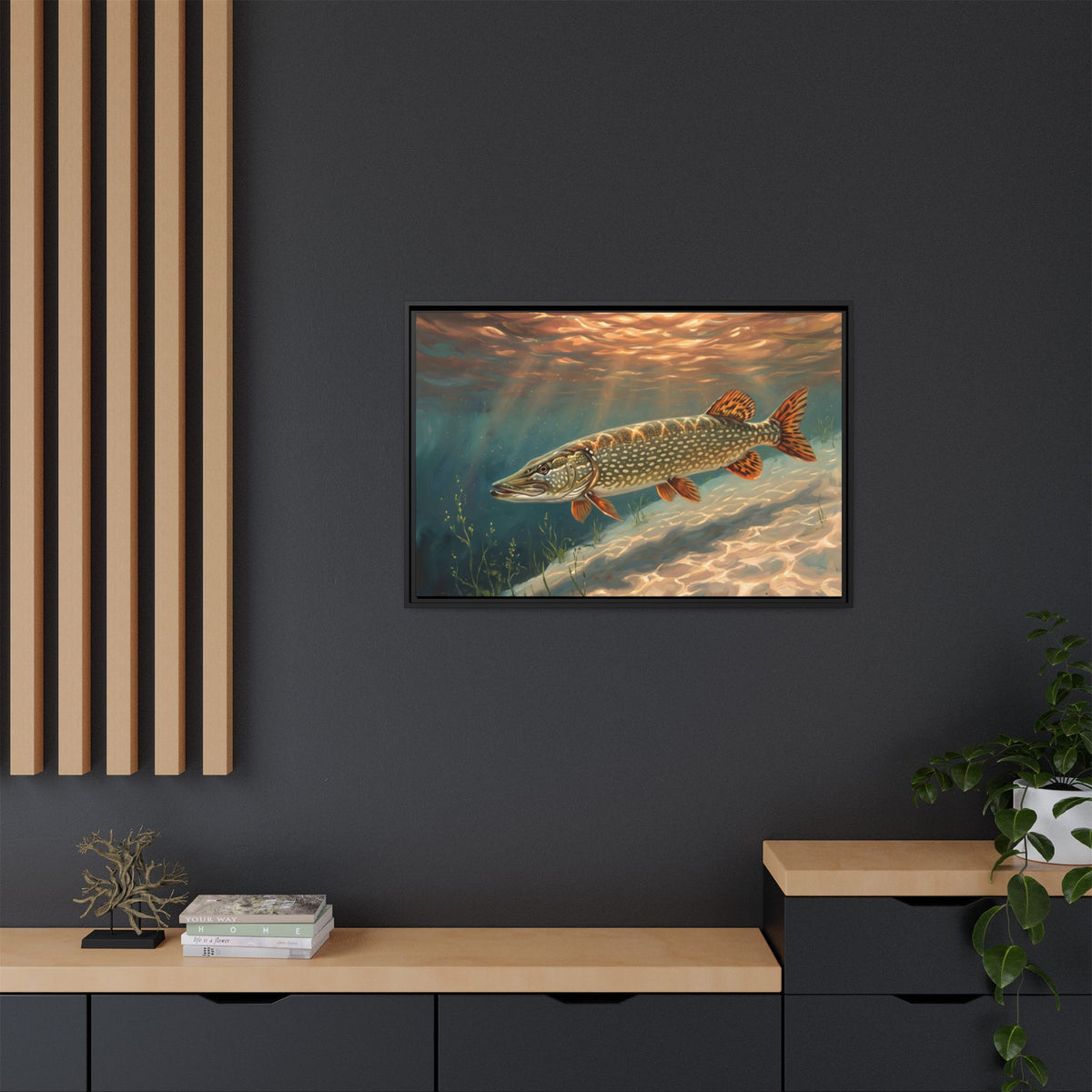Sandbar Sunset Northern Pike framed canvas in a home office