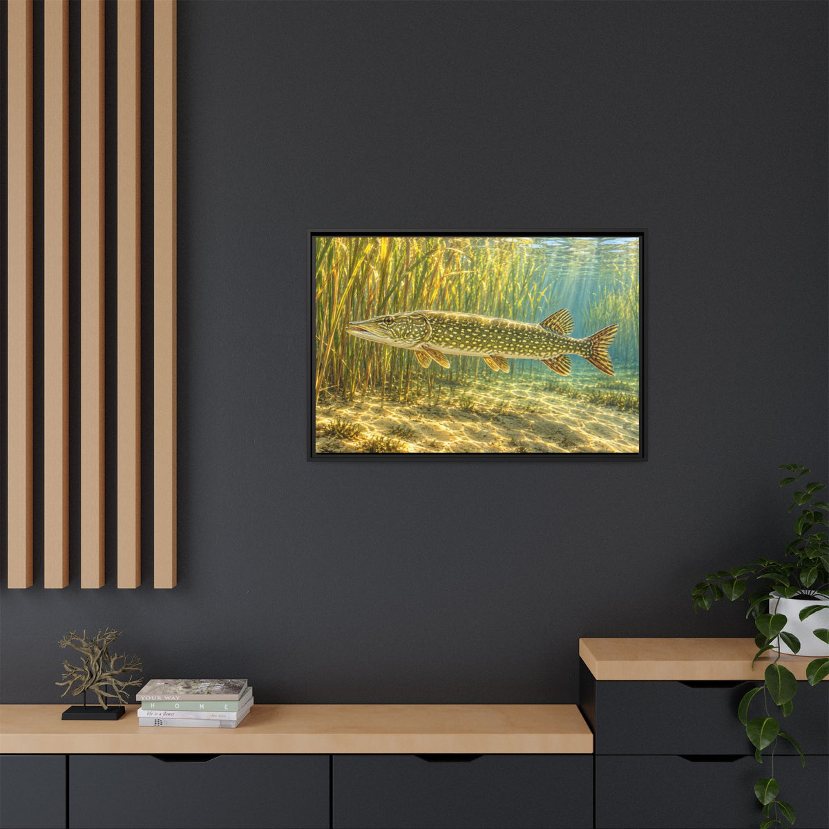 Sunlit Reed Edge Northern Pike framed canvas in a home office