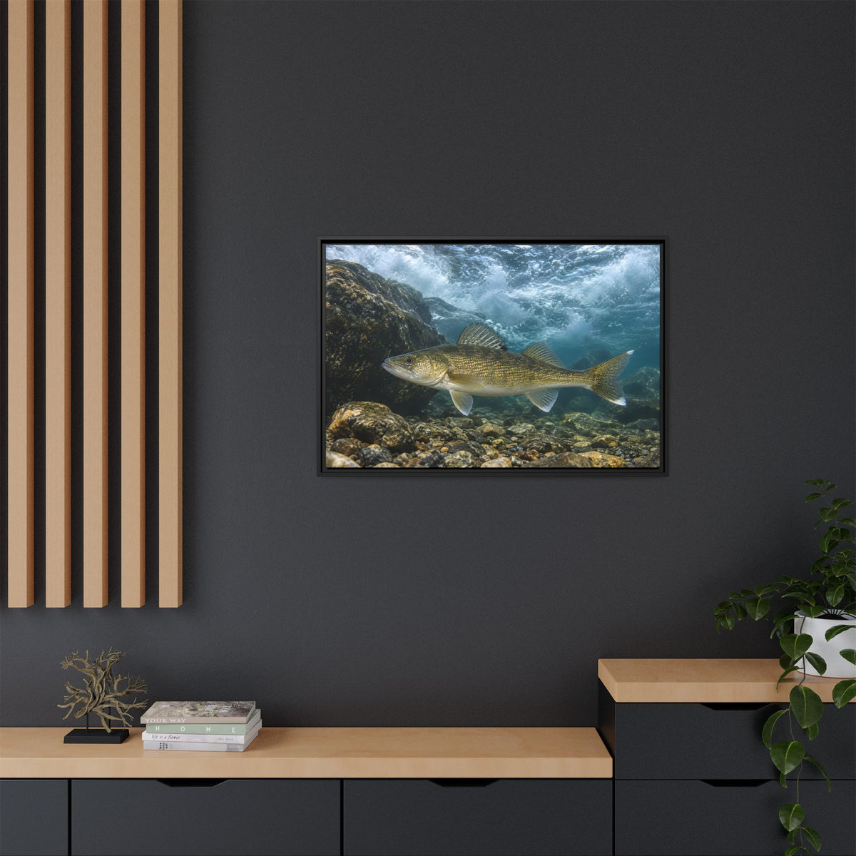 Tailwater Below the Dam Walleye framed canvas in a home office