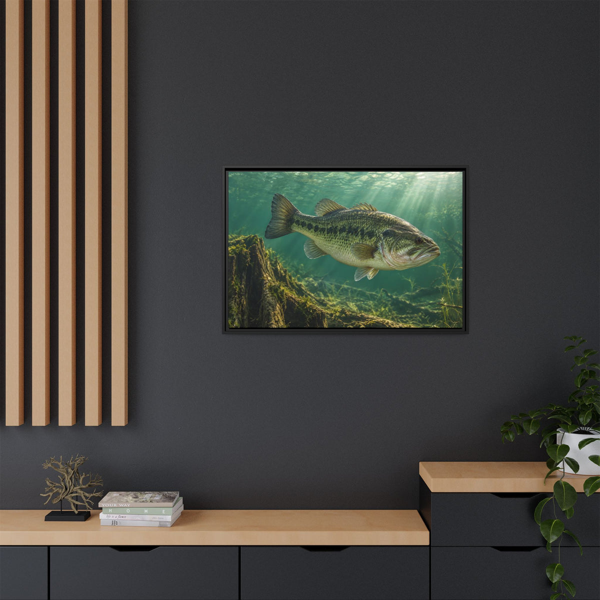 Jade Morning Mist Largemouth Bass framed canvas in a home office