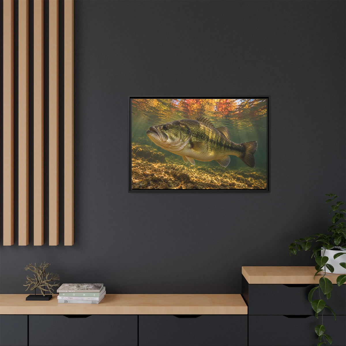 Golden Autumn Reflection Largemouth Bass framed canvas in a home office
