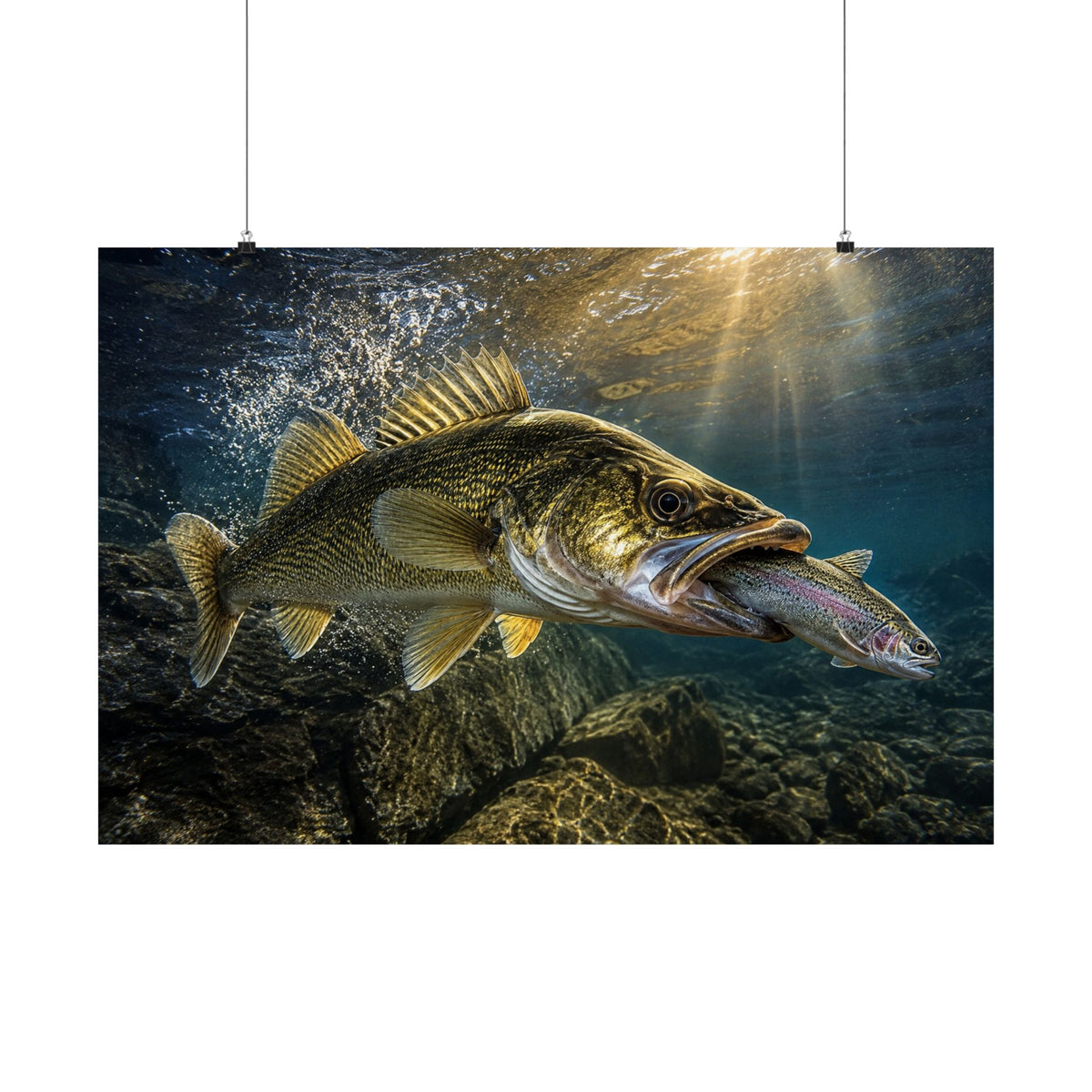 Walleye Striking Through Sunlit Rapids — Matte Horizontal Wall Art