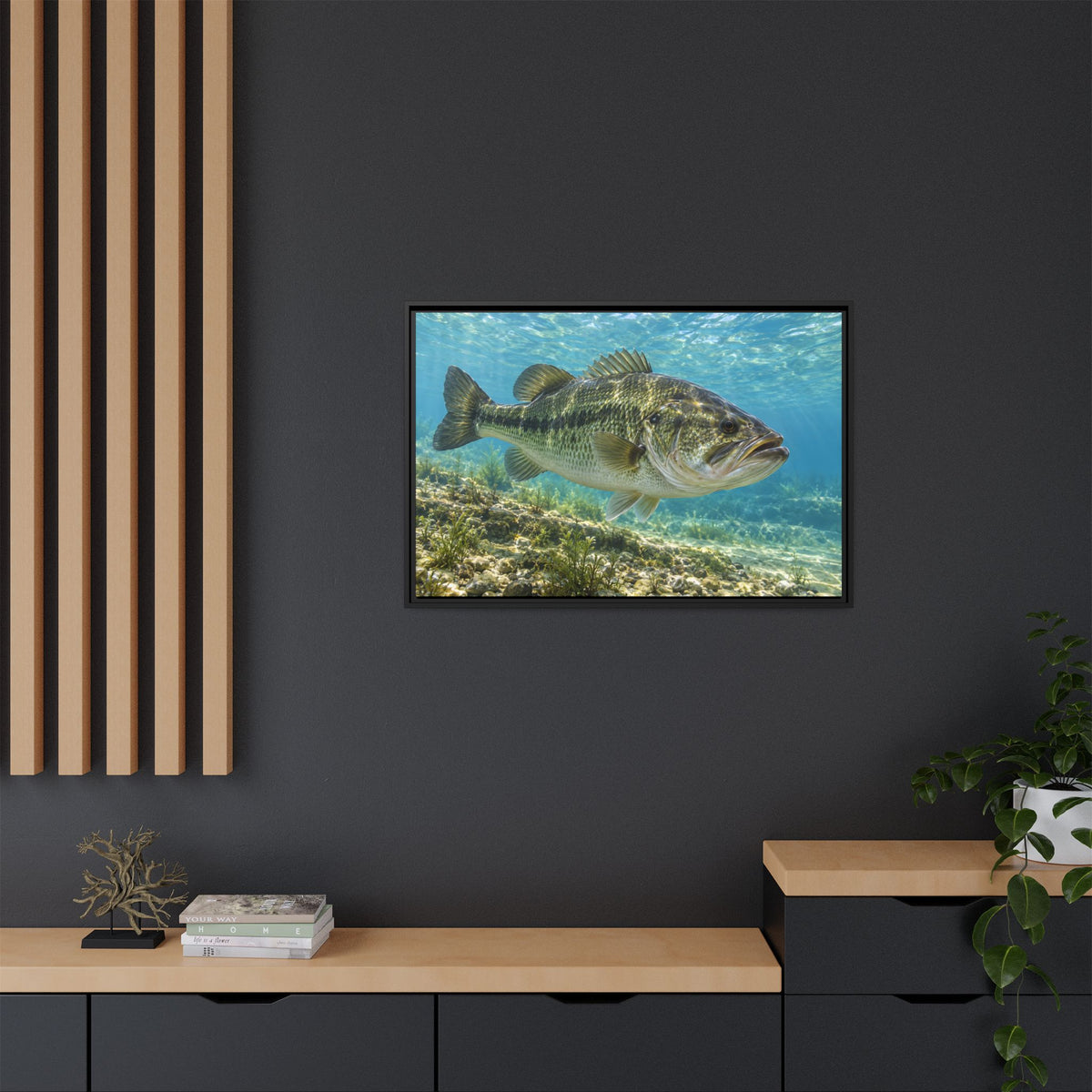 Aqua After the Wind Largemouth Bass framed canvas in a home office