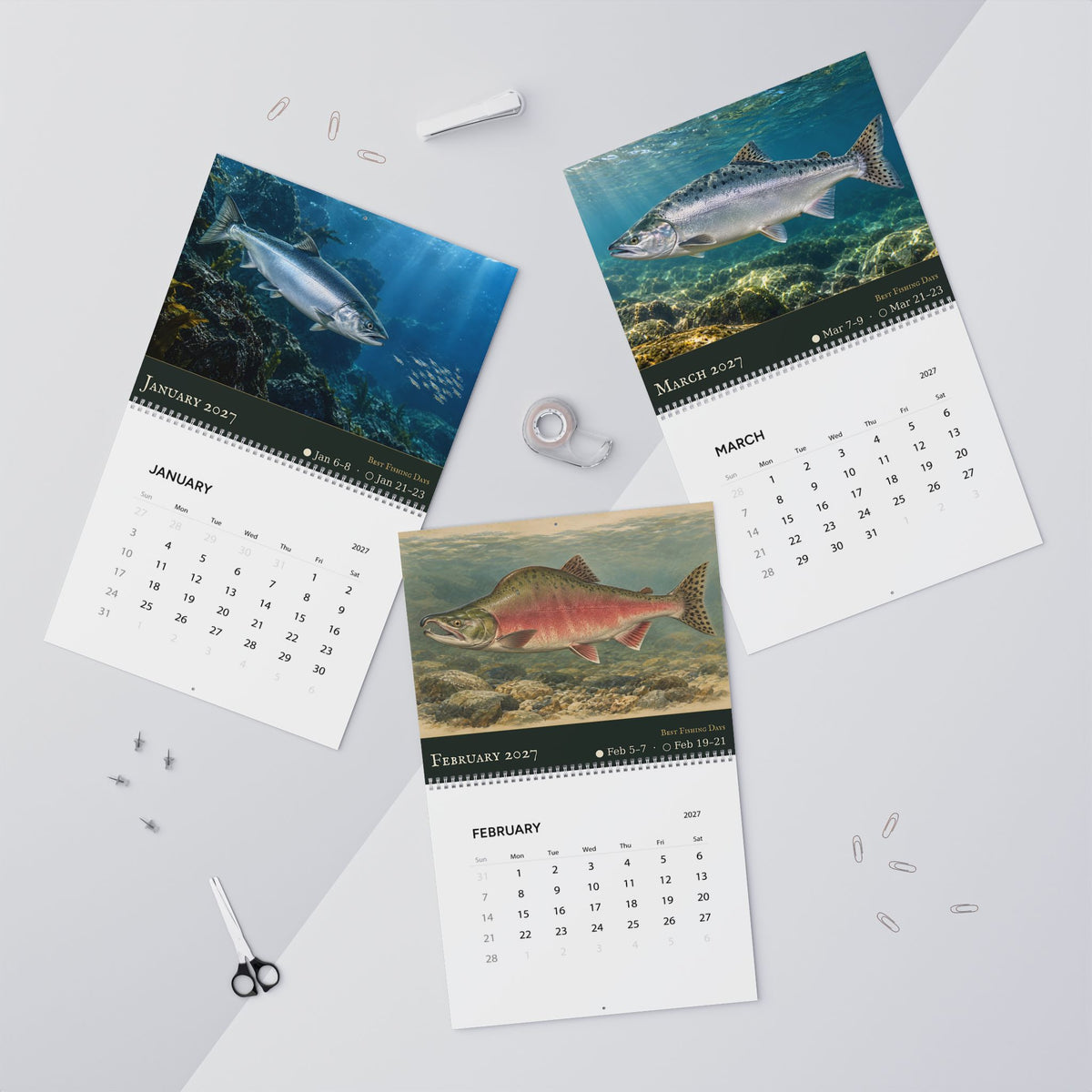 2027 Salmon Wall Calendar — Fish Art with Best Fishing Days