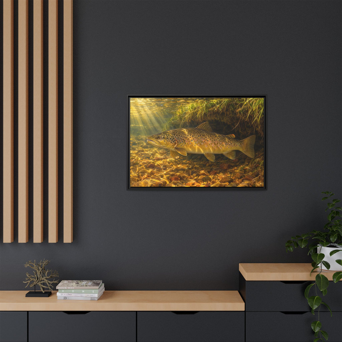 Golden Undercut Brown Trout framed canvas in a home office