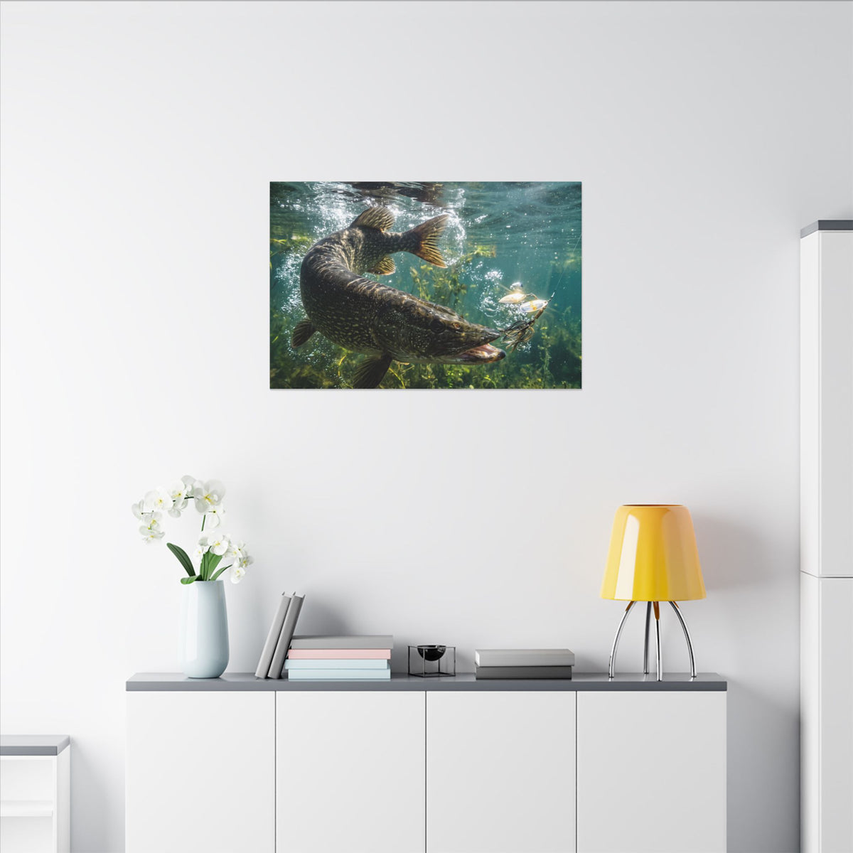 Northern Pike Spinnerbait Strike Canvas — Action Wall Art for Anglers