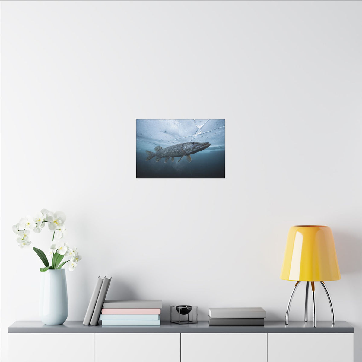 Ice-Out Strike Northern Pike canvas in a home office