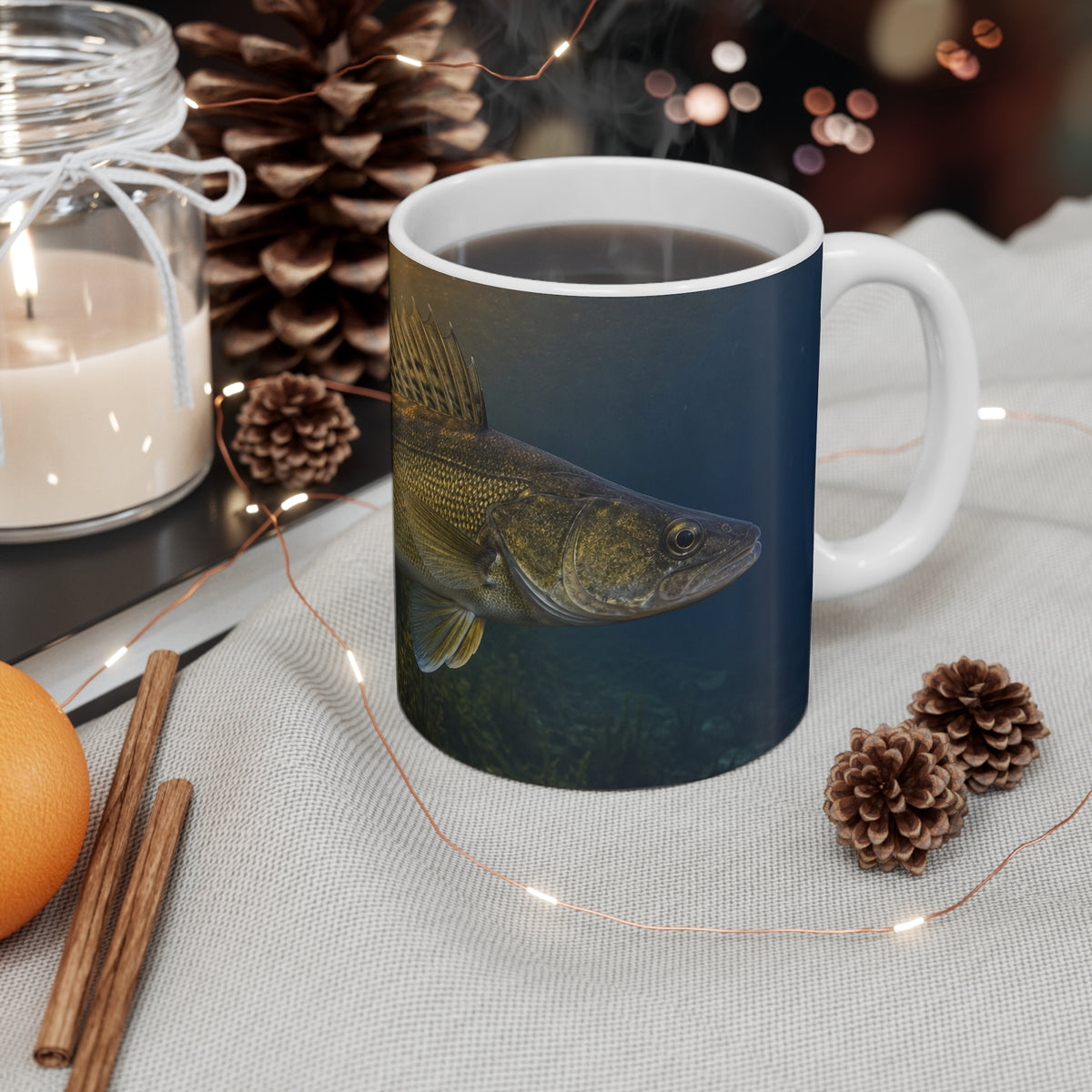 Walleye at Dusk fishing coffee mug on a table