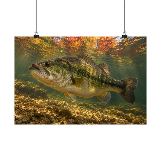 Golden Autumn Reflection Largemouth Bass poster wall art, 24x16 size view