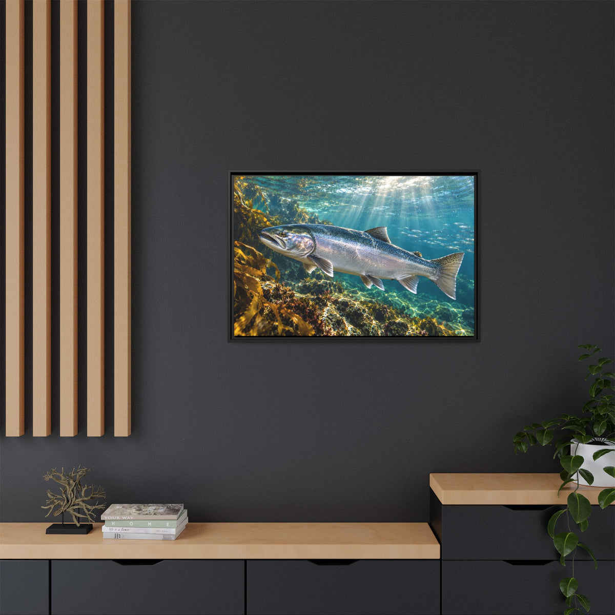 Silver in the Tide Coho Salmon framed canvas in a home office