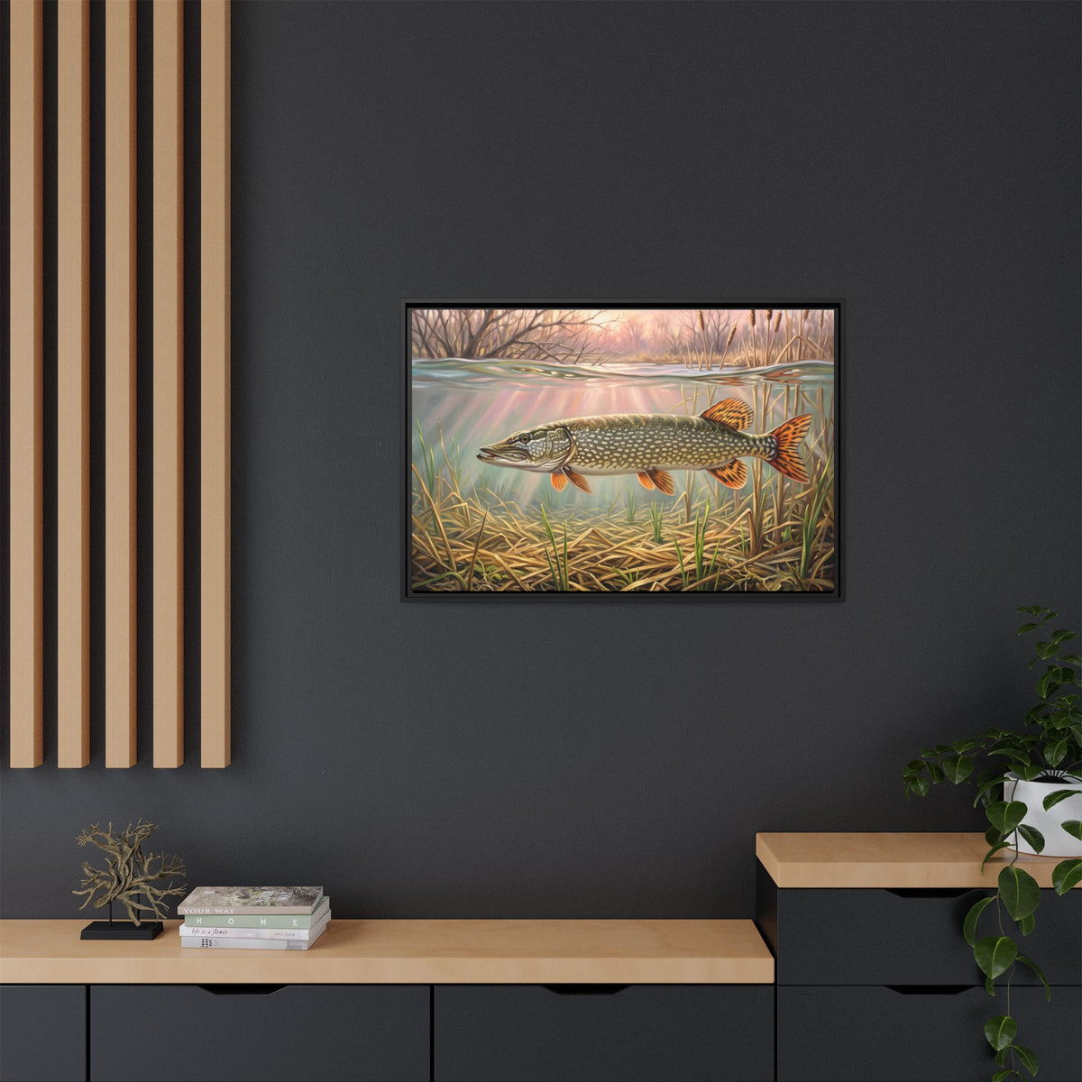 Flooded Marsh Northern Pike framed canvas in a home office