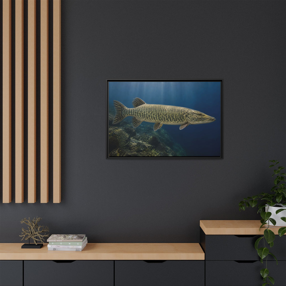 Blue Water Muskie Cruiser framed canvas in a home office