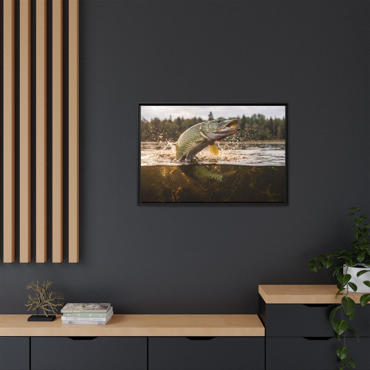 Boatside Battle Northern Pike framed canvas in a home office