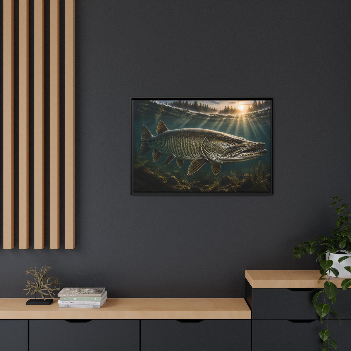 The Ghost Muskie framed canvas in a home office