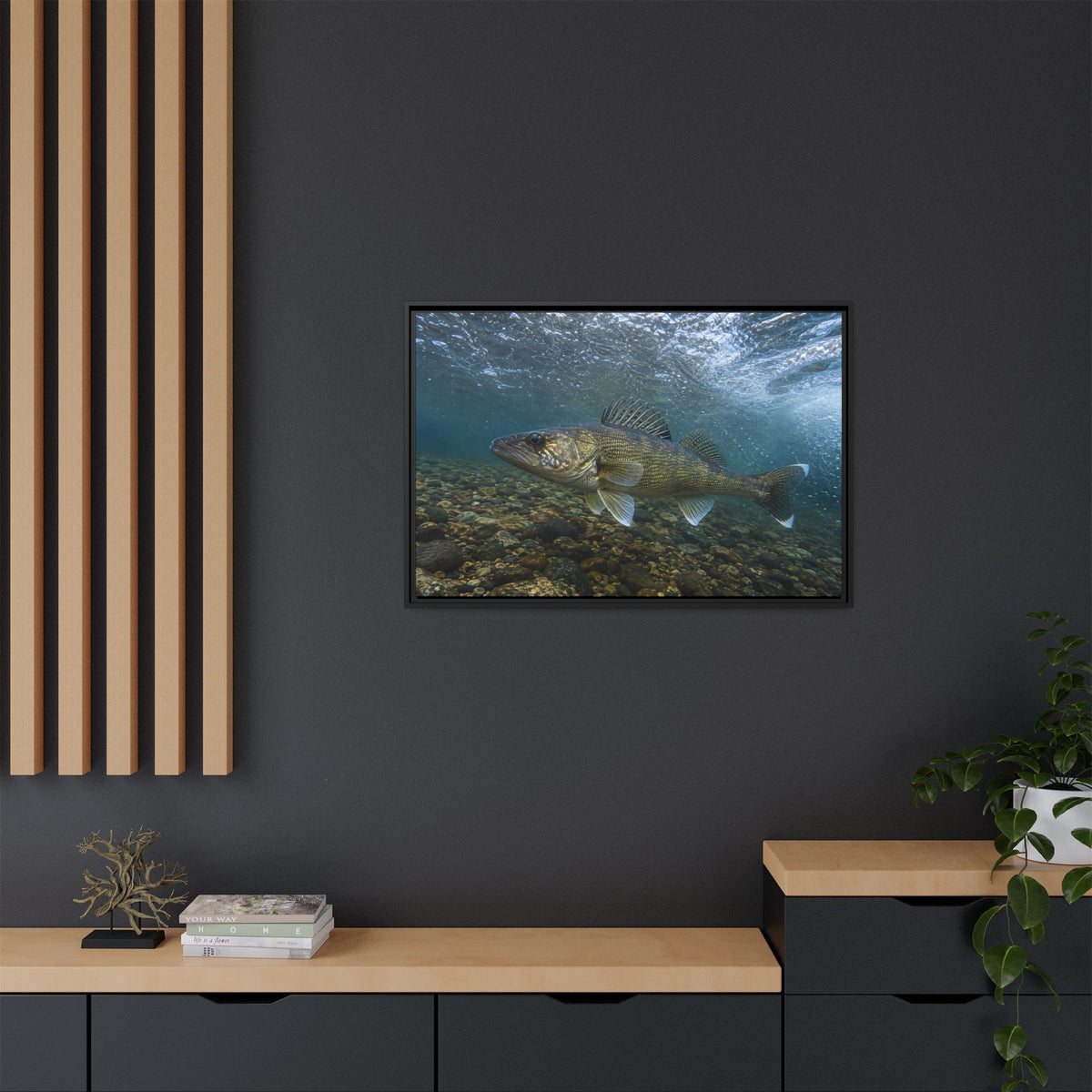 Cobbled Shallows Walleye framed canvas in a home office