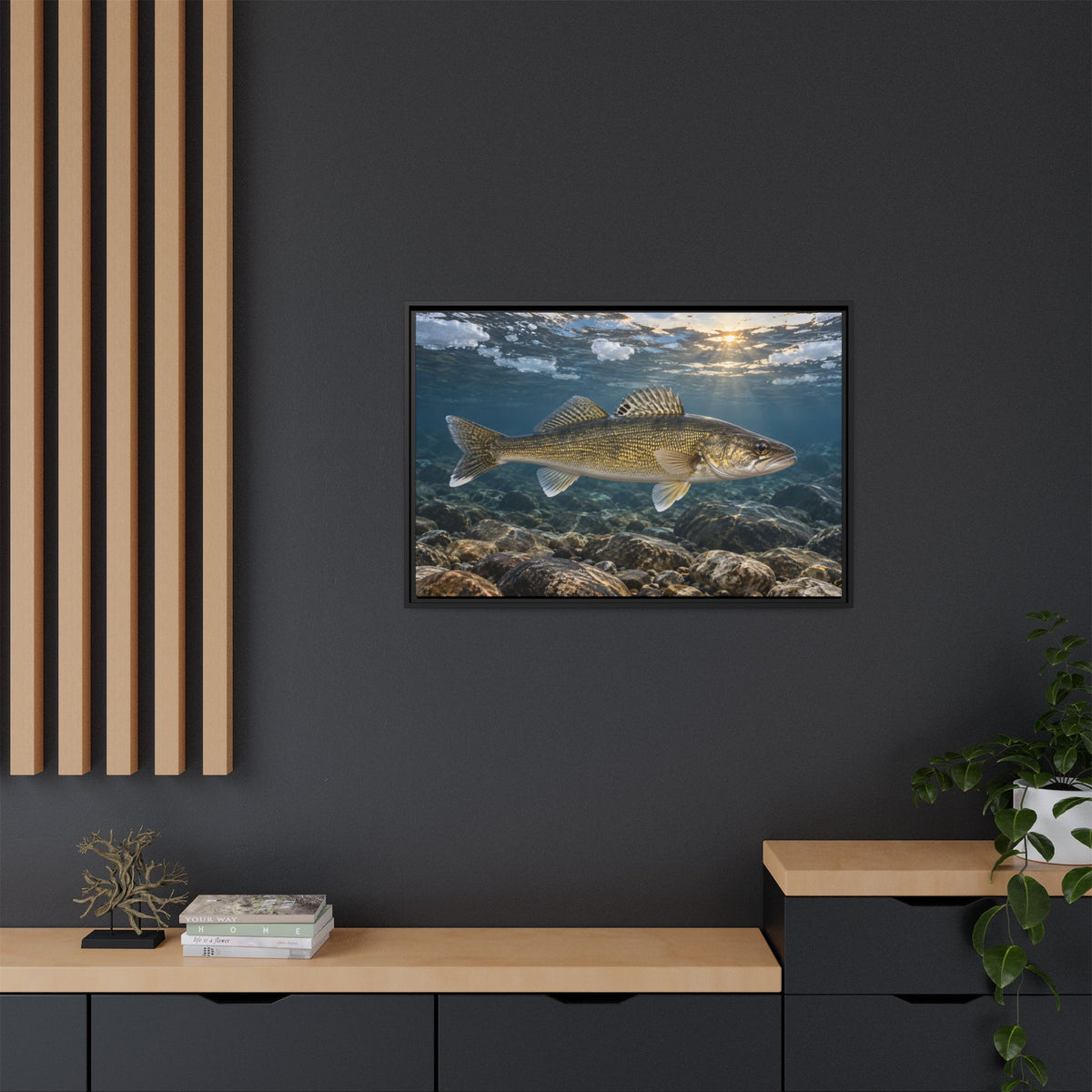 Ice-Out Spawning Run Walleye framed canvas in a home office