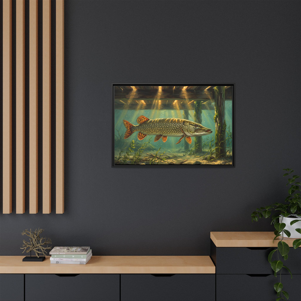 Under the Dock Northern Pike framed canvas in a home office