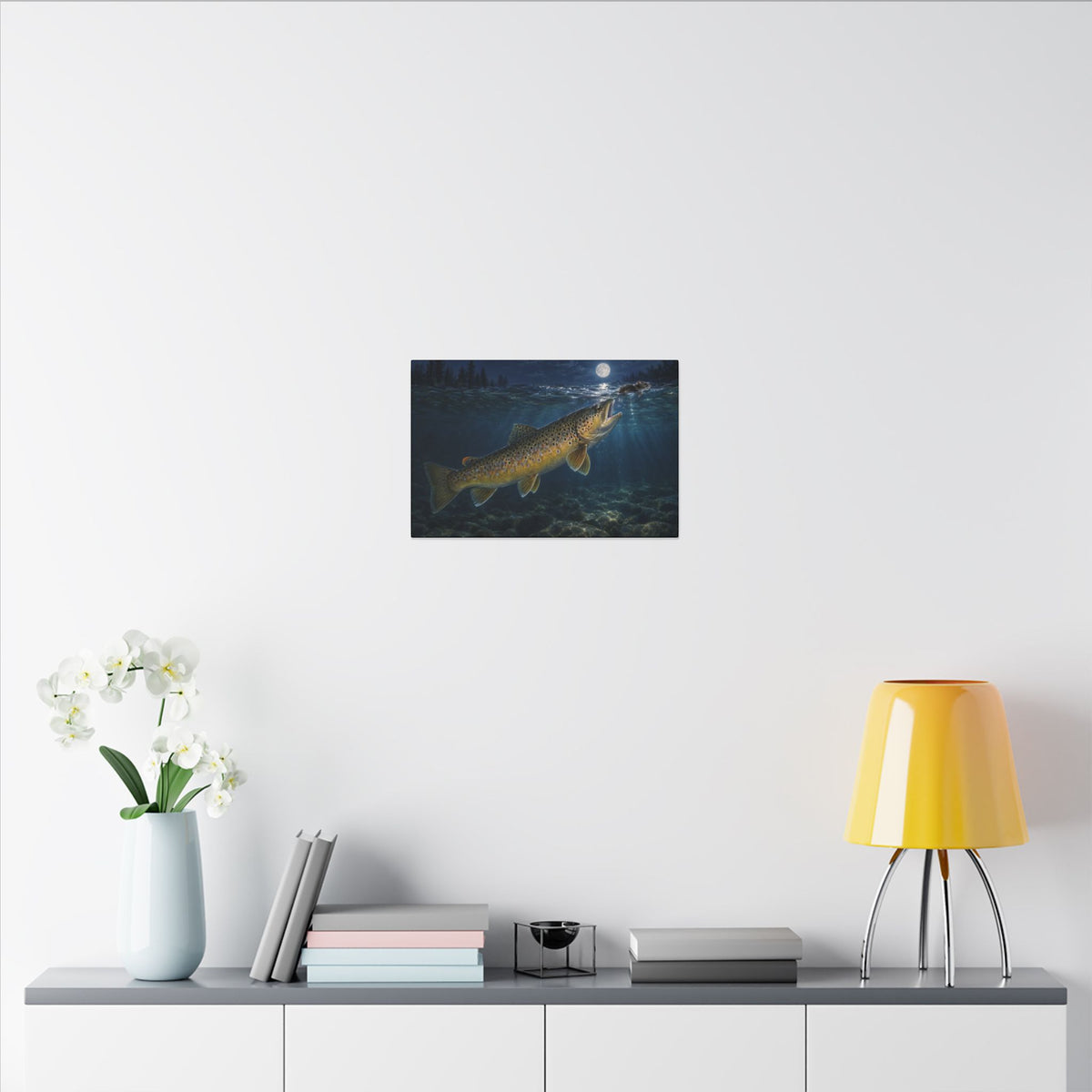 Midnight Mouse Brown Trout canvas in a home office