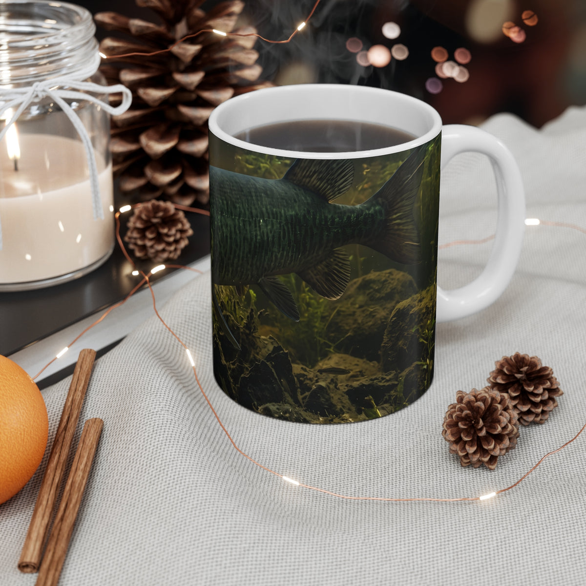 Mouth Open Dusk Sky Muskie fishing coffee mug on a table