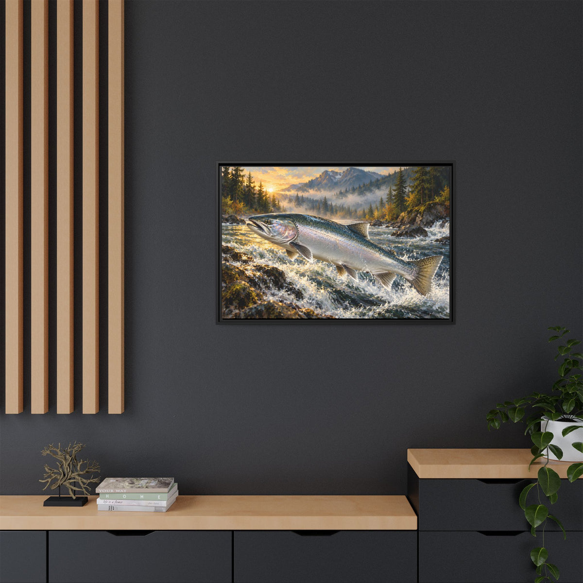 Silver Run Coho Salmon framed canvas in a home office