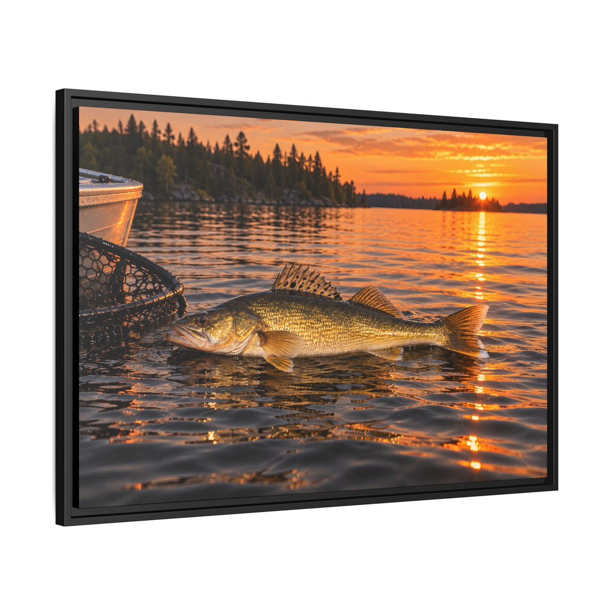 Boatside Golden Hour Walleye framed canvas side angle