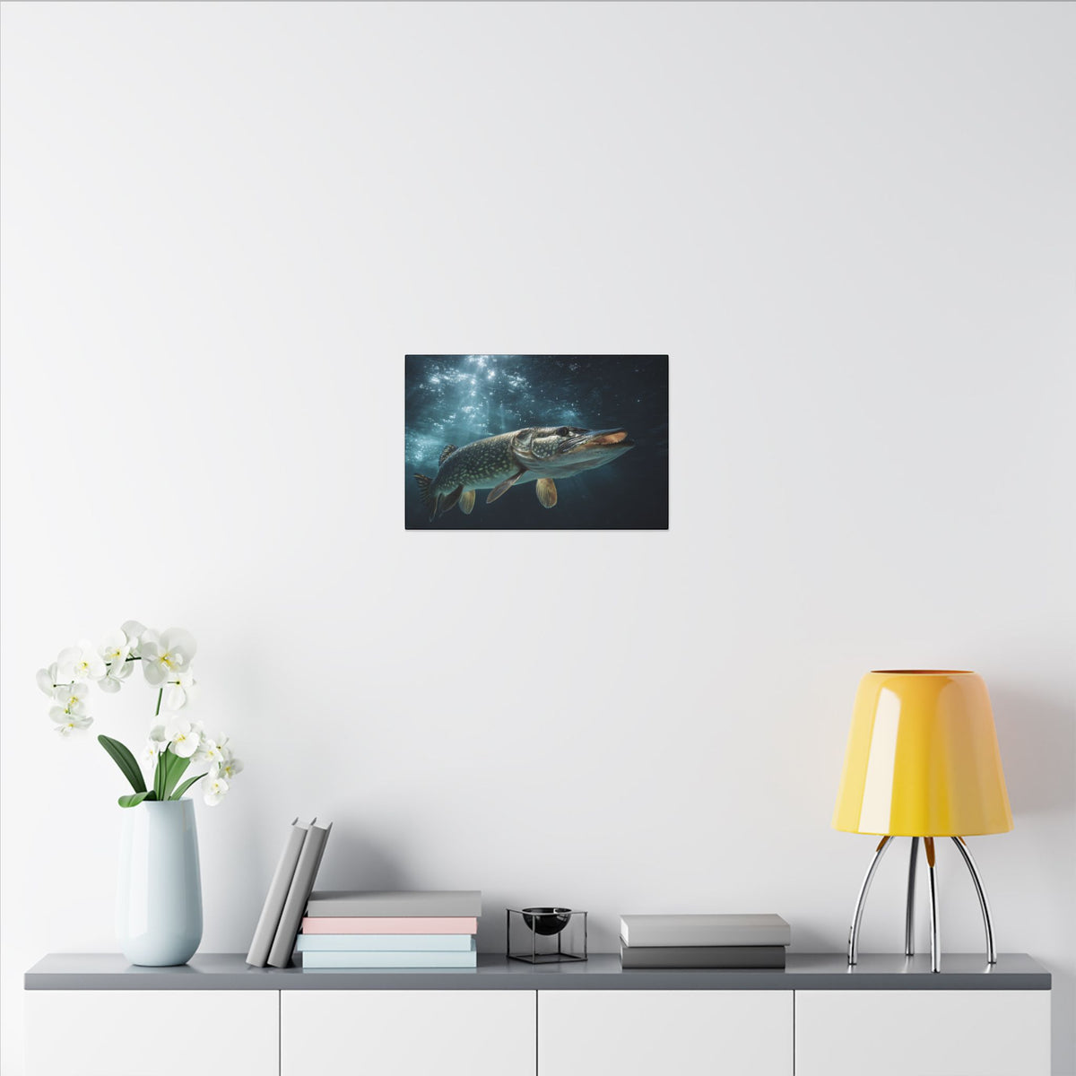 Emerging from the Deep Northern Pike canvas in a home office