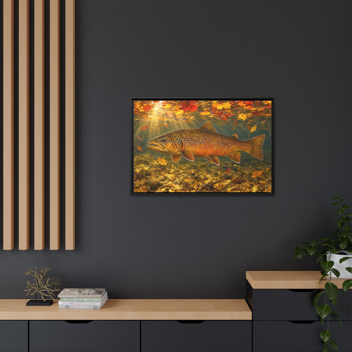 October Kype Brown Trout framed canvas in a home office