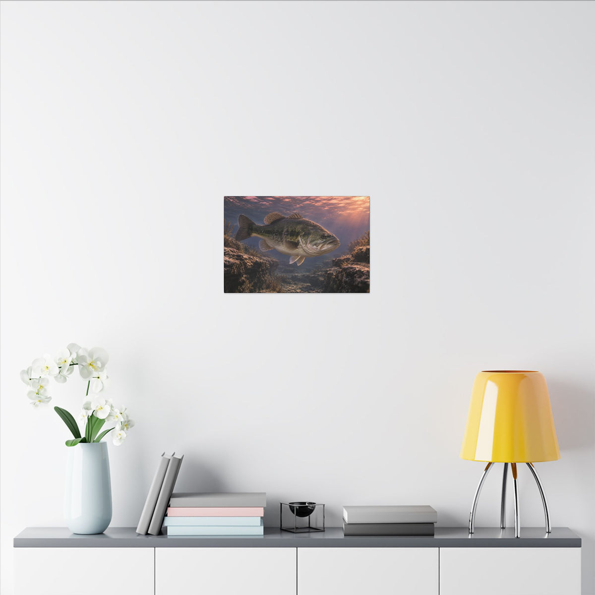 Rose-Gold Dusk Channel Largemouth Bass canvas in a home office
