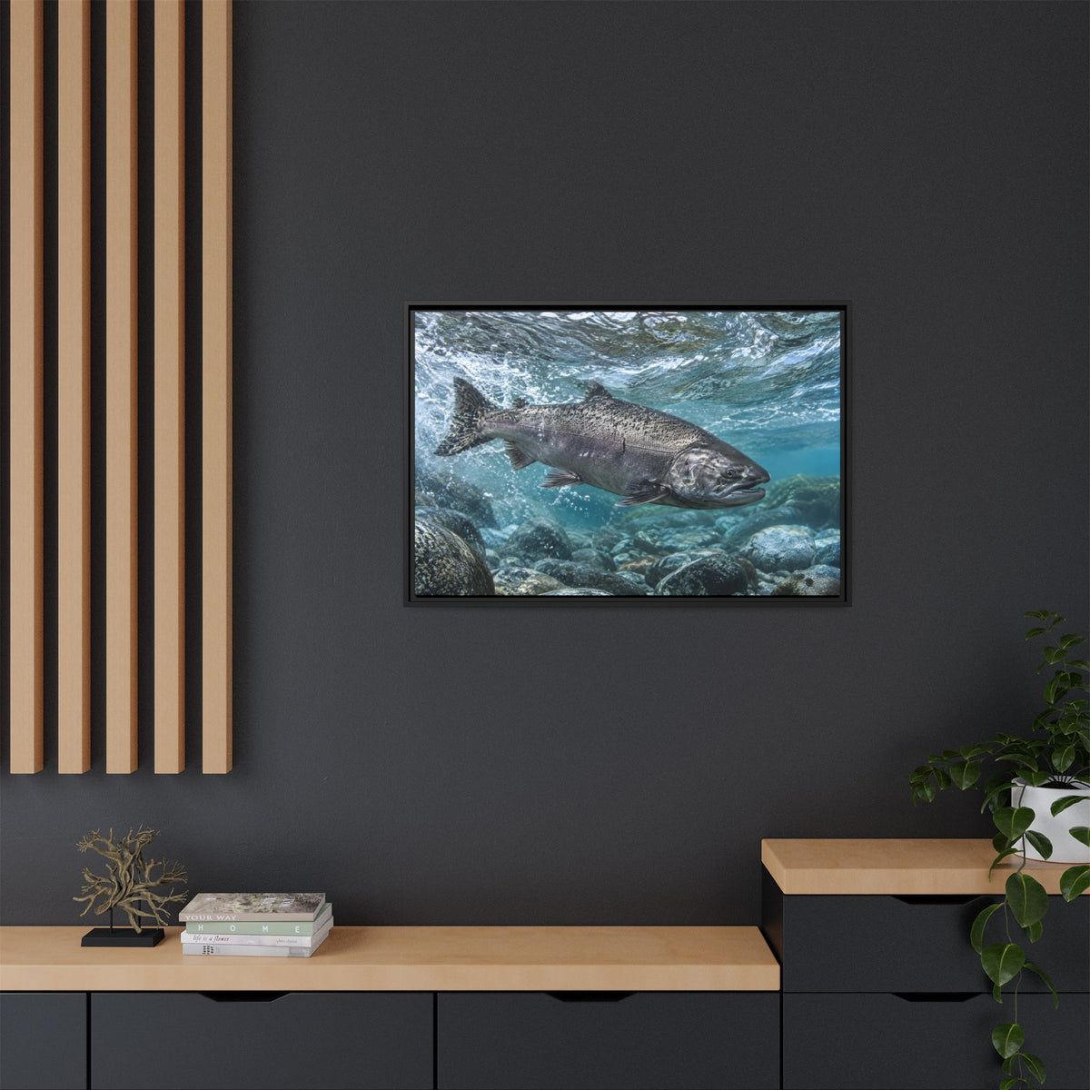 Leap of the King Chinook Salmon framed canvas wall art, view 6