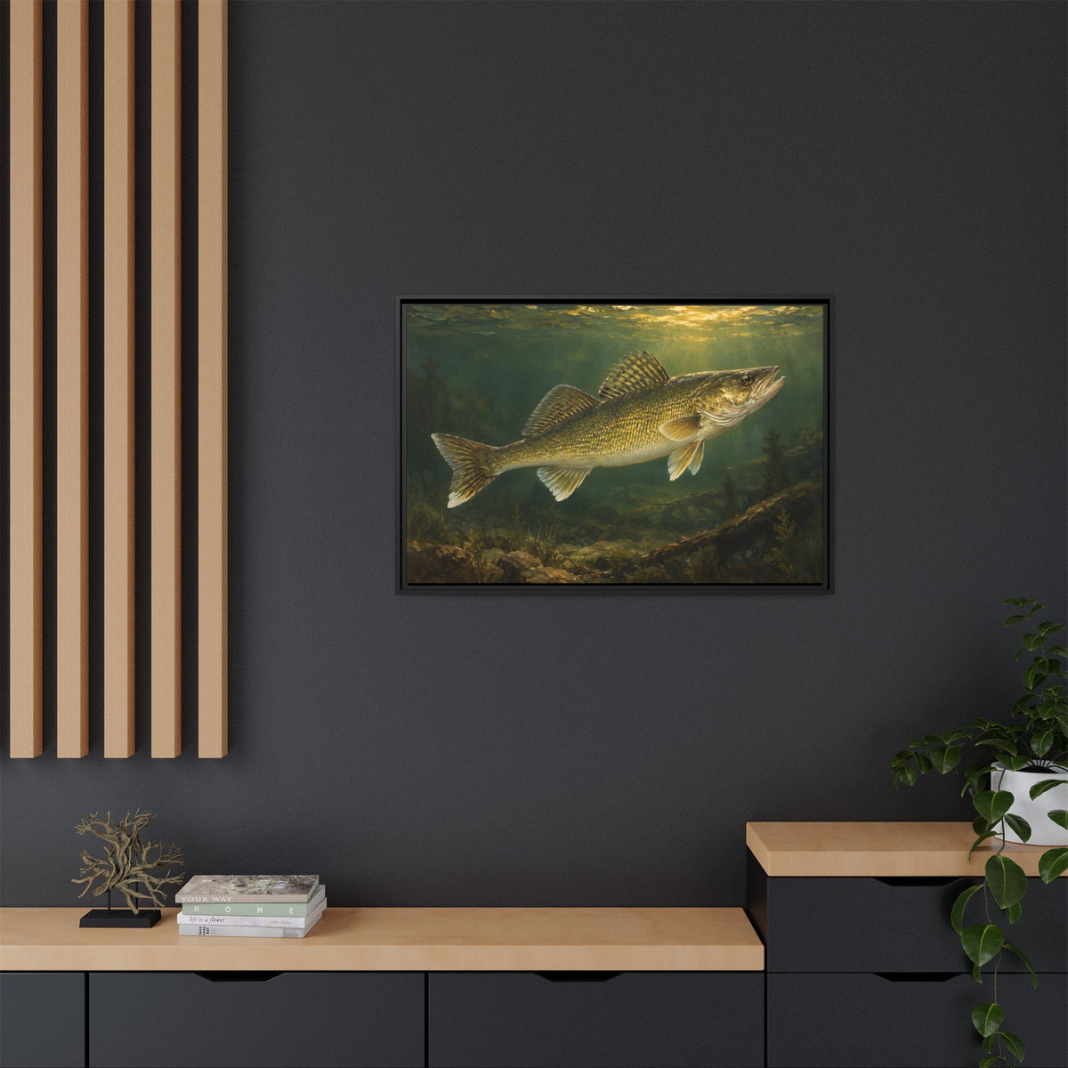 Classic Sporting Oil Walleye framed canvas in a home office
