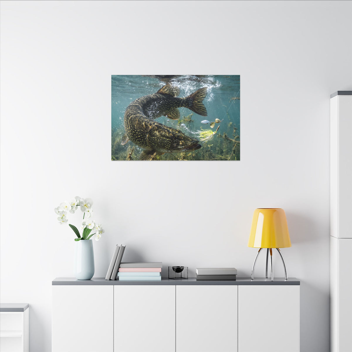 Northern Pike Turning Strike Canvas — Action Wall Art for Anglers