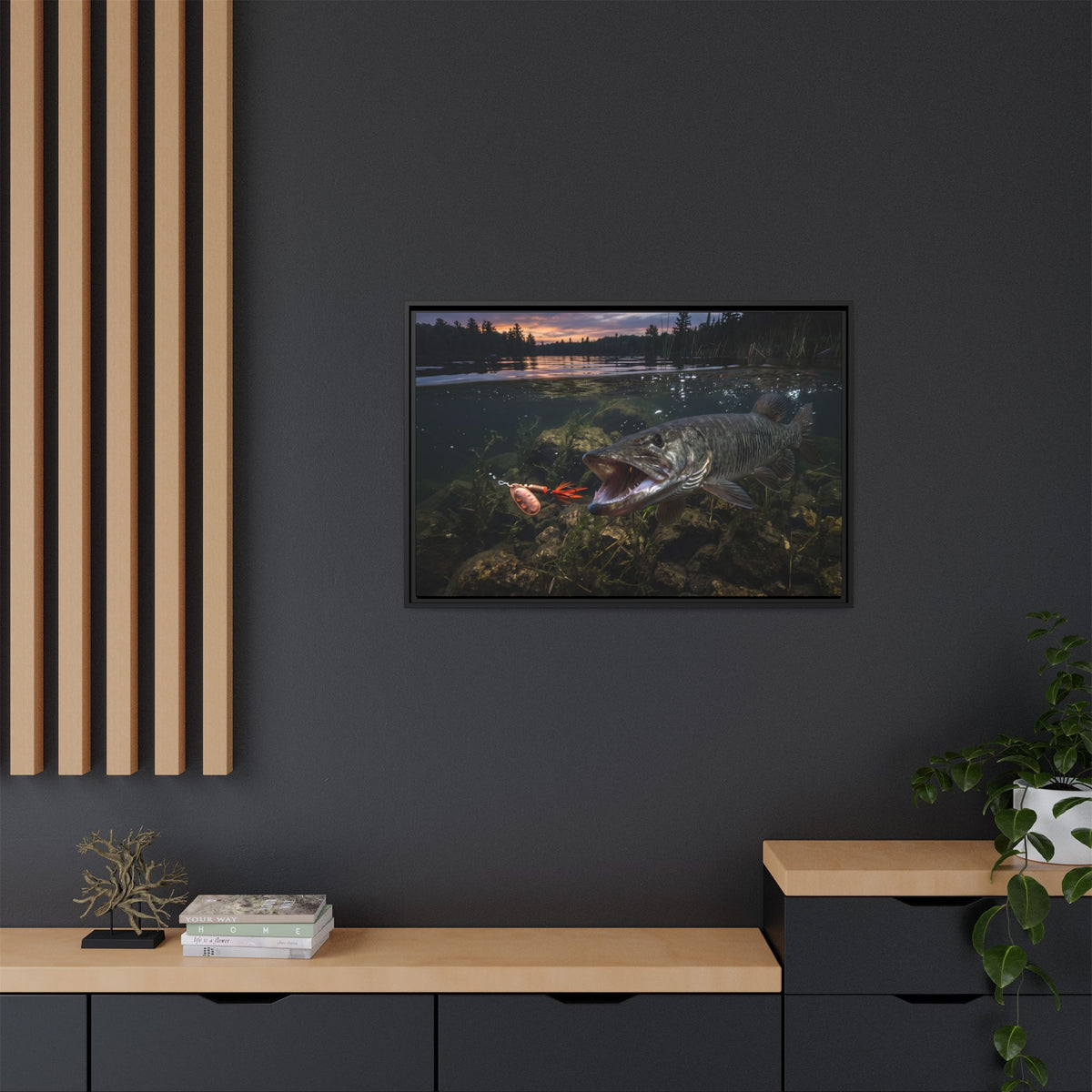 Sunset Spinner Strike Muskie framed canvas in a home office