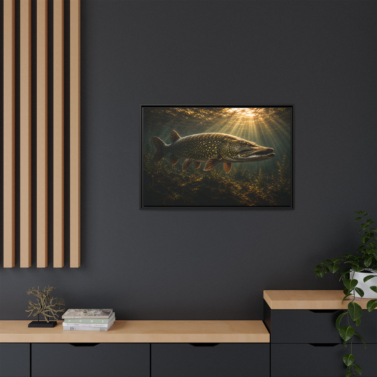 The Encounter Northern Pike framed canvas in a home office