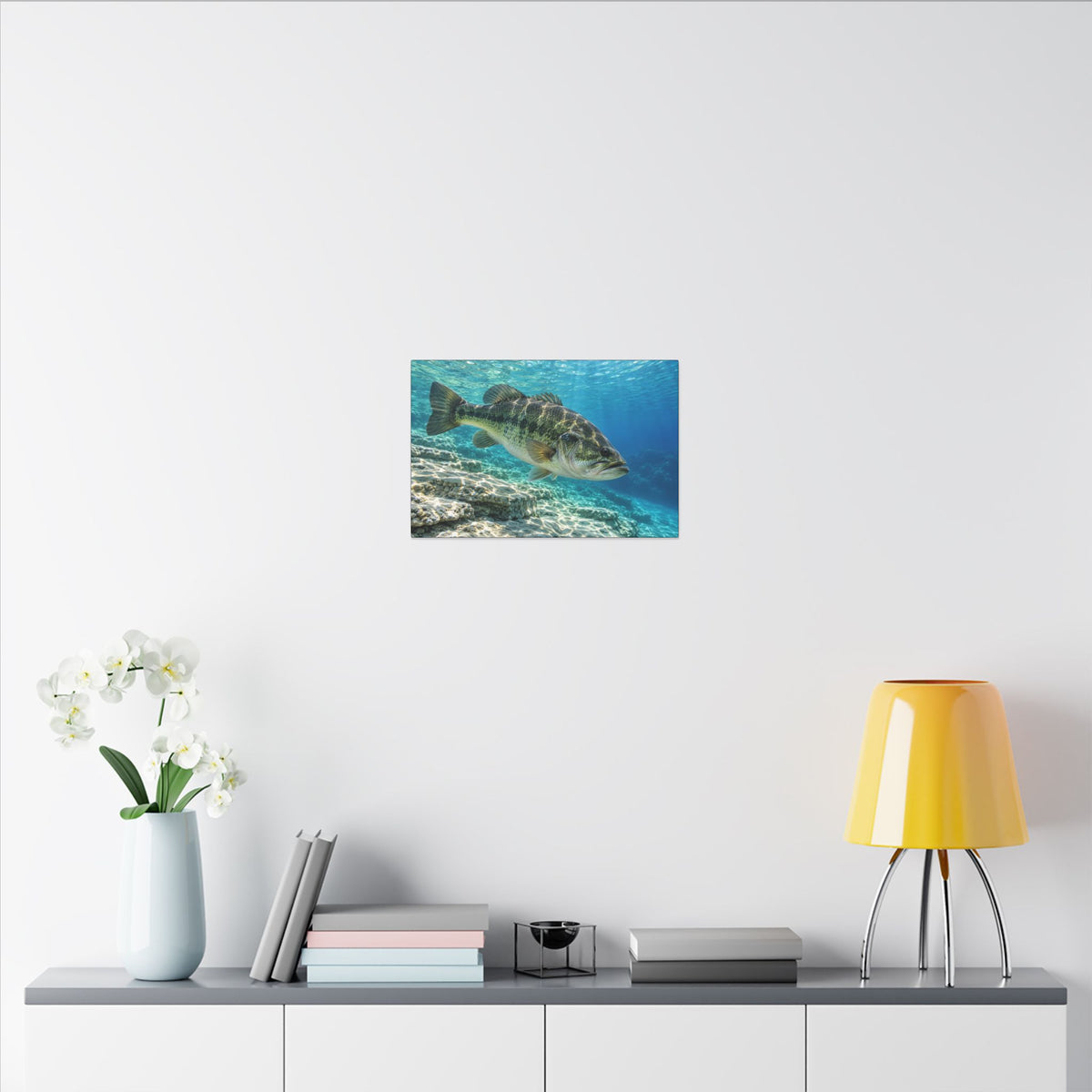 Turquoise Limestone Ledge Largemouth Bass canvas in a home office