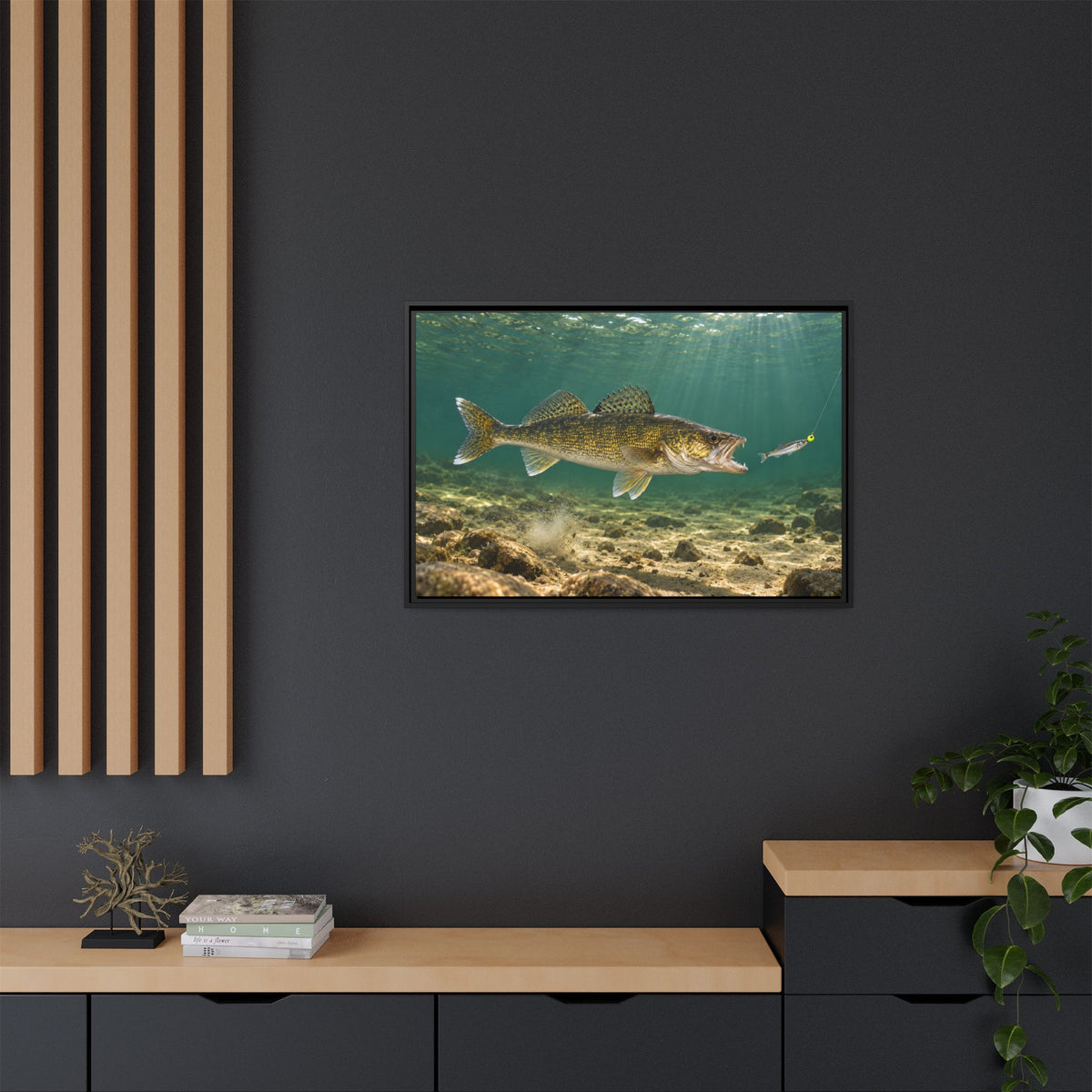 Jig and Minnow Strike Walleye framed canvas in a home office