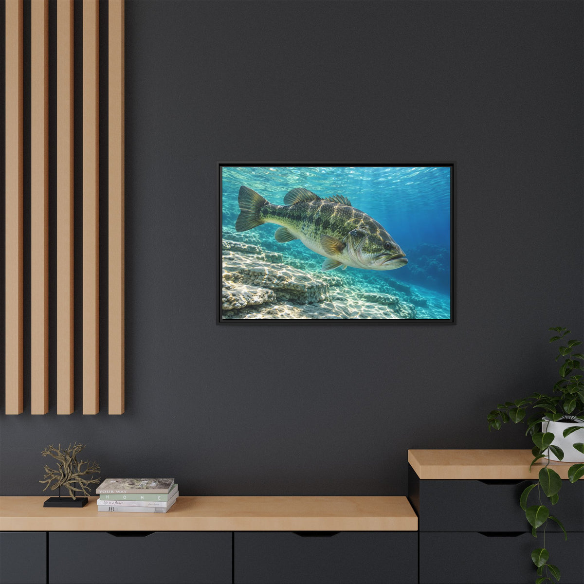 Turquoise Limestone Ledge Largemouth Bass framed canvas in a home office