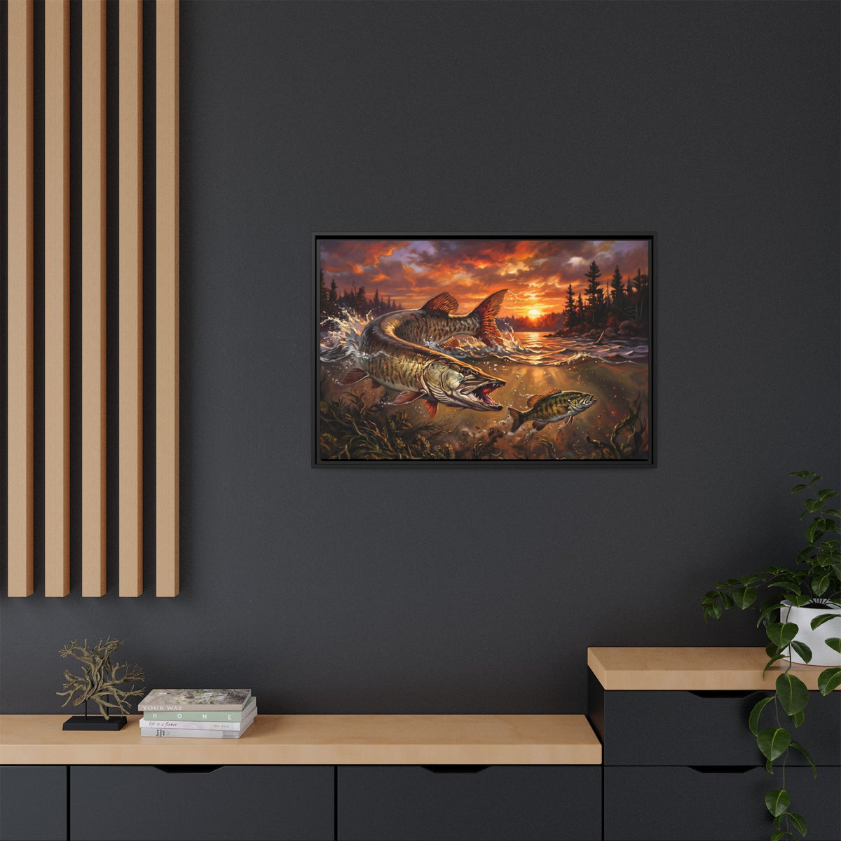 Sunset Muskie framed canvas in a home office