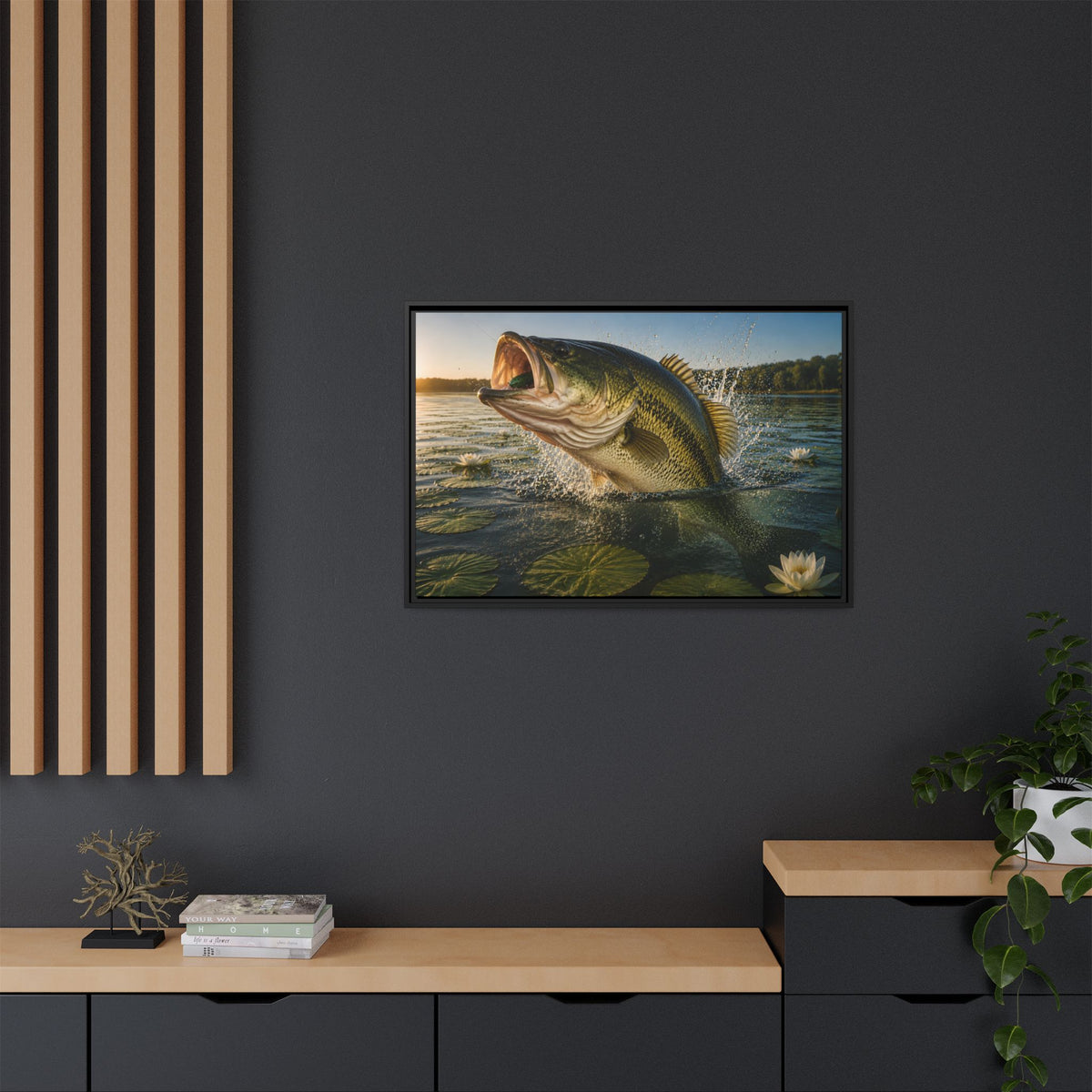 Lily Pad Explosion Largemouth Bass framed canvas in a home office