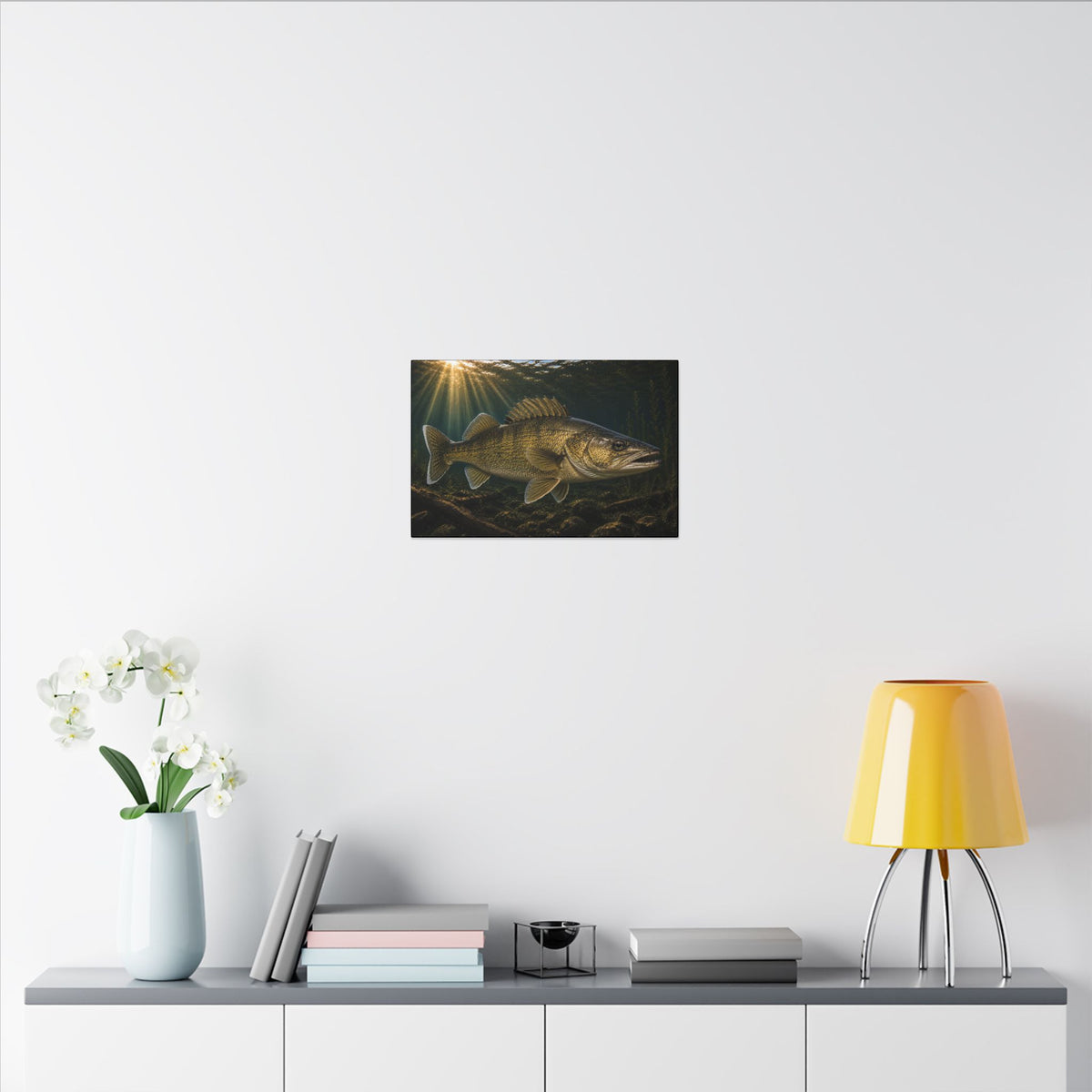 Golden Sunbeams Walleye canvas in a home office