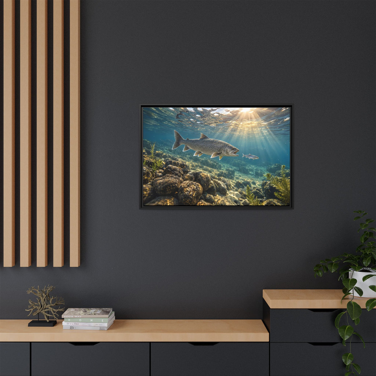 Cisco Chase Lake Trout framed canvas in a home office