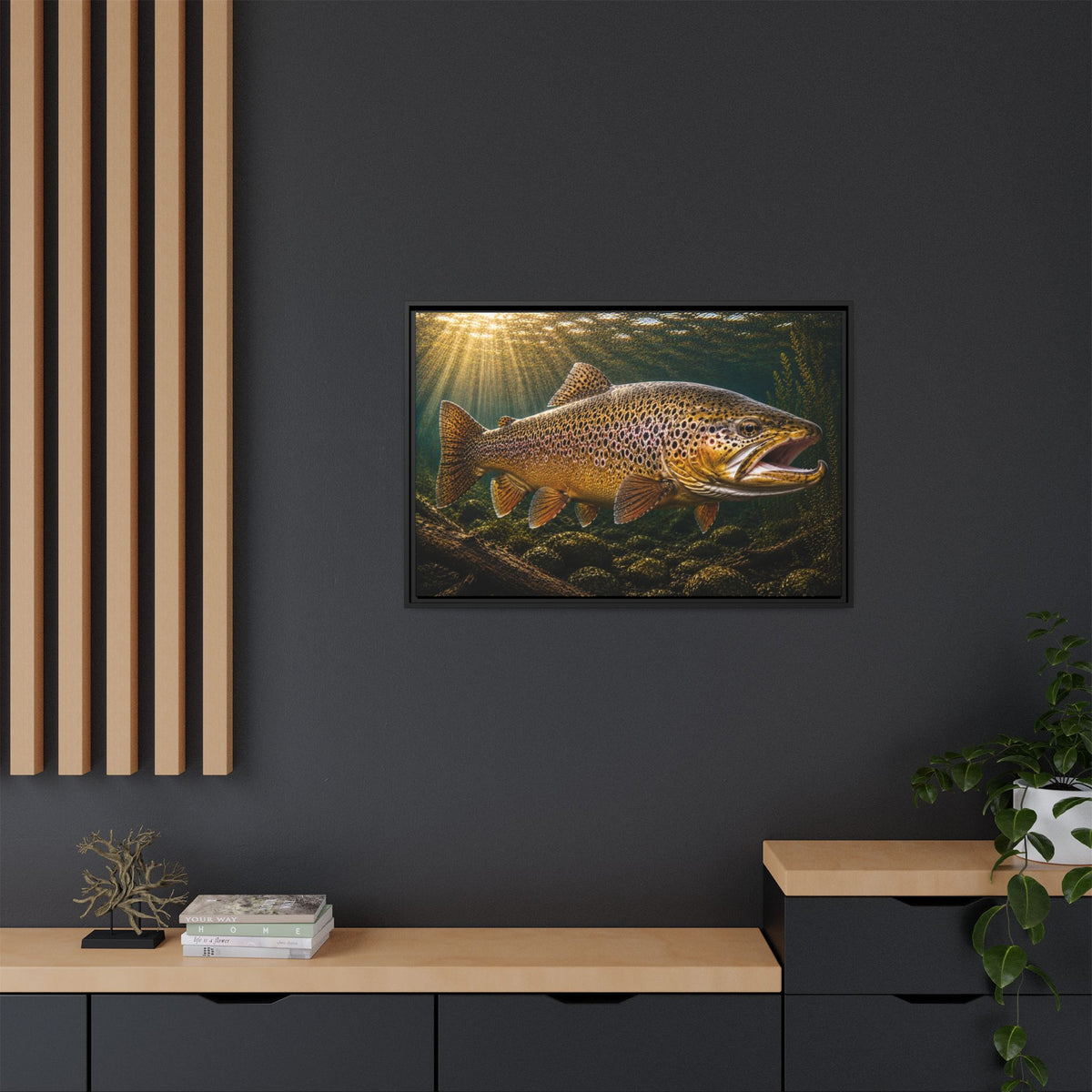 Over the Rocks at Sunrise Brown Trout framed canvas wall art, view 6