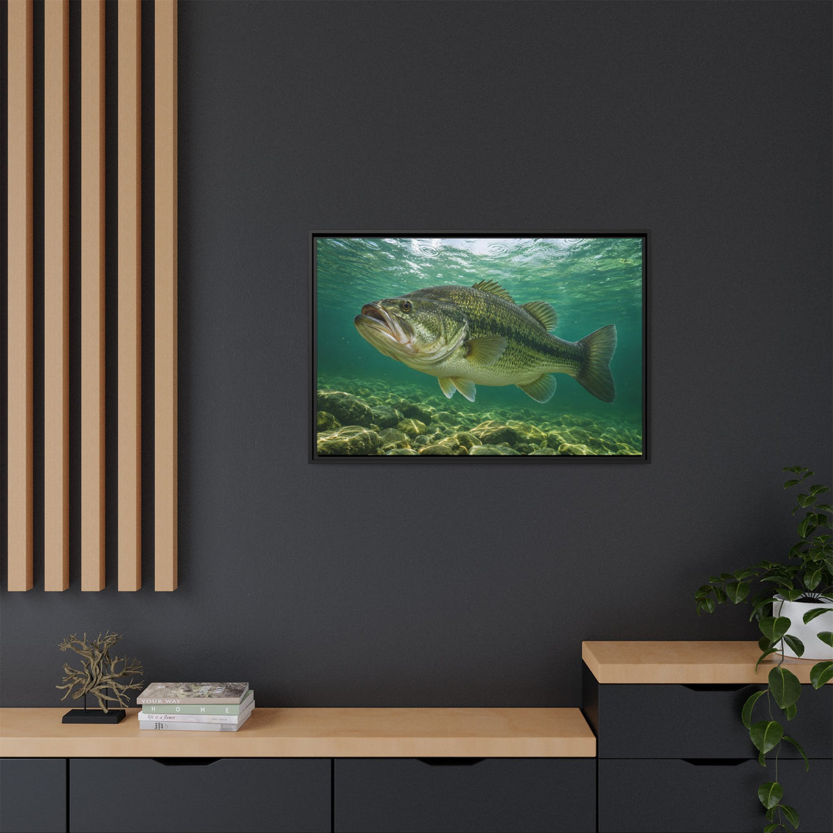 Emerald Rainlight Largemouth Bass framed canvas in a home office