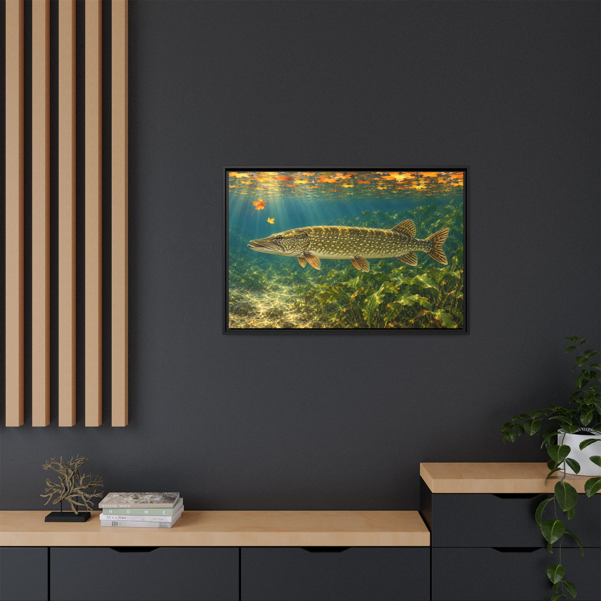Autumn Cabbage Northern Pike framed canvas in a home office