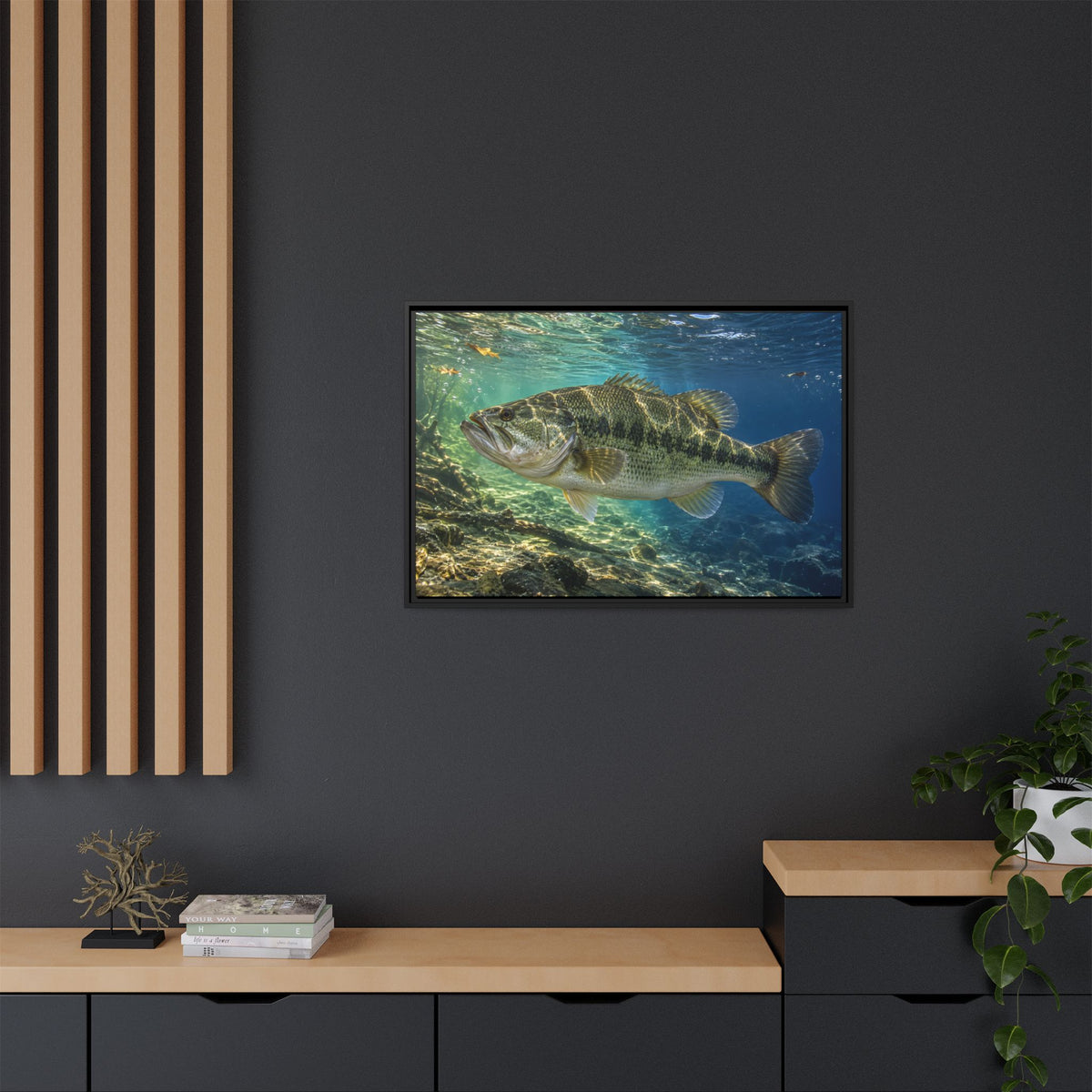 Blue-Green Current Seam Largemouth Bass framed canvas in a home office