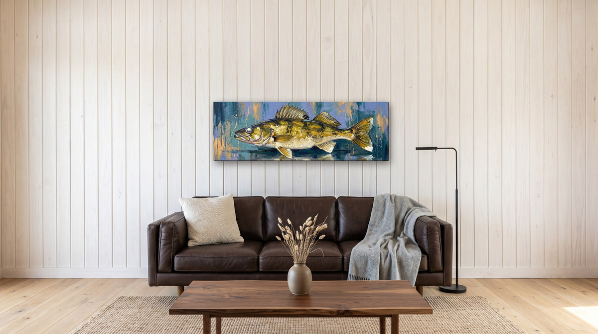 Legends Bold Twilight Walleye 48x16 canvas over a leather sofa in a modern lake cabin