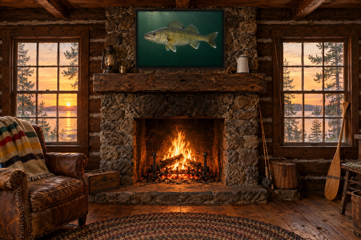 Framed trophy walleye wall art above a fieldstone fireplace in a vintage log fishing cabin at sunset