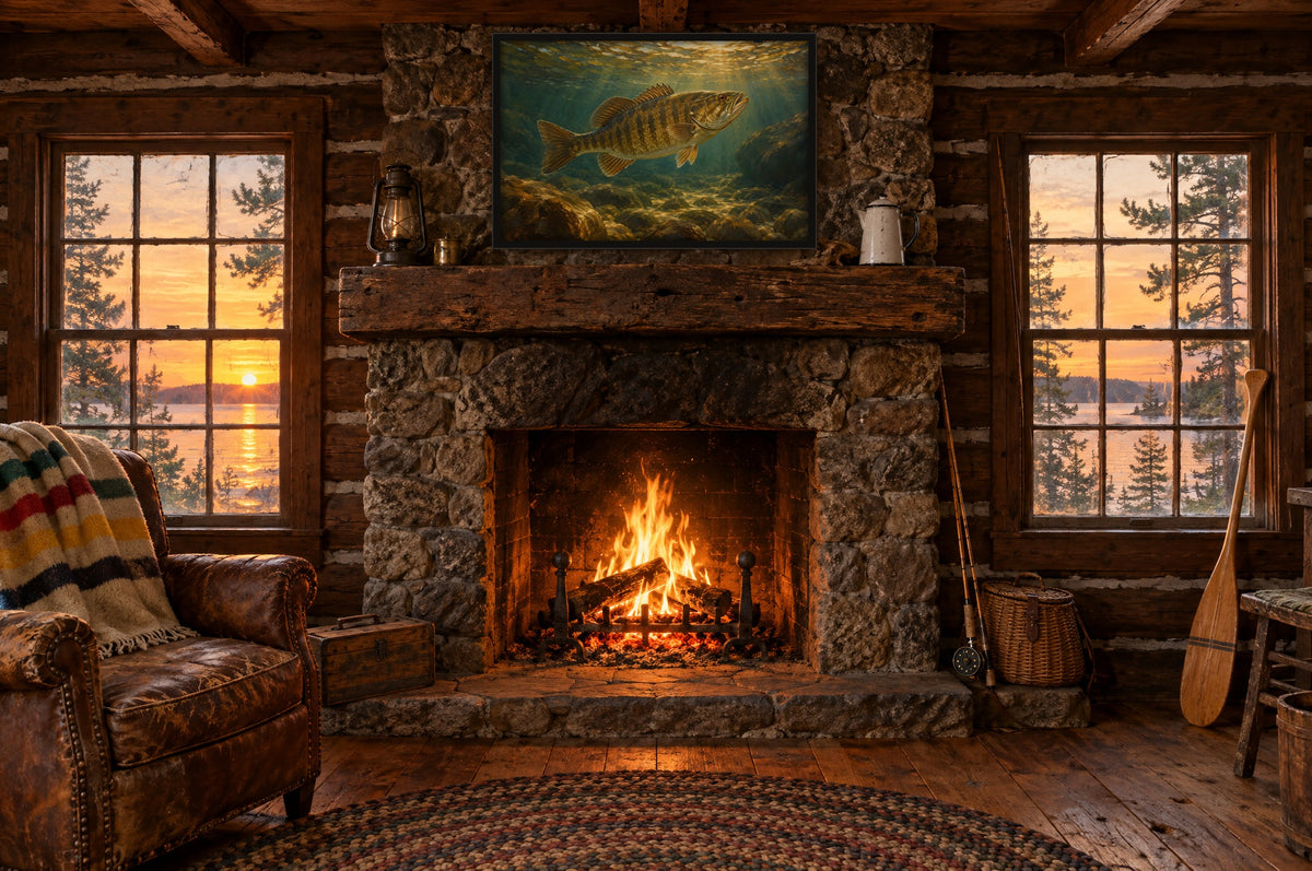 Framed smallmouth bass wall art above a fieldstone fireplace in a vintage log fishing cabin at sunset