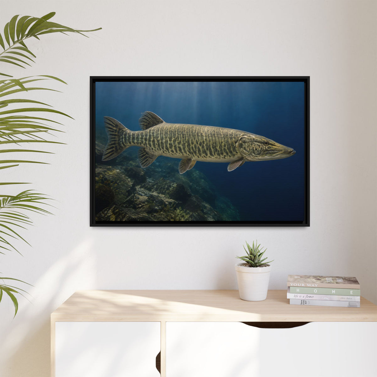 Blue Water Muskie Cruiser framed canvas hanging in a living room