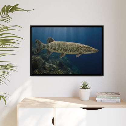 Blue Water Muskie Cruiser framed canvas hanging in a living room