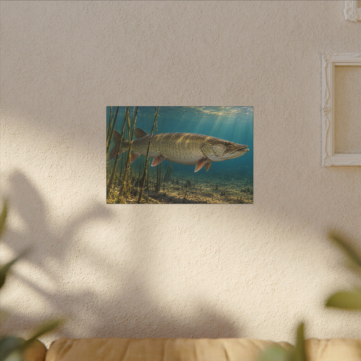 Reed Bed Cruiser Muskie canvas hanging in a living room